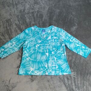 Lara Tone Petite Blue Palm Leaf Print 3/4 Sleeve‎ Embellished Top